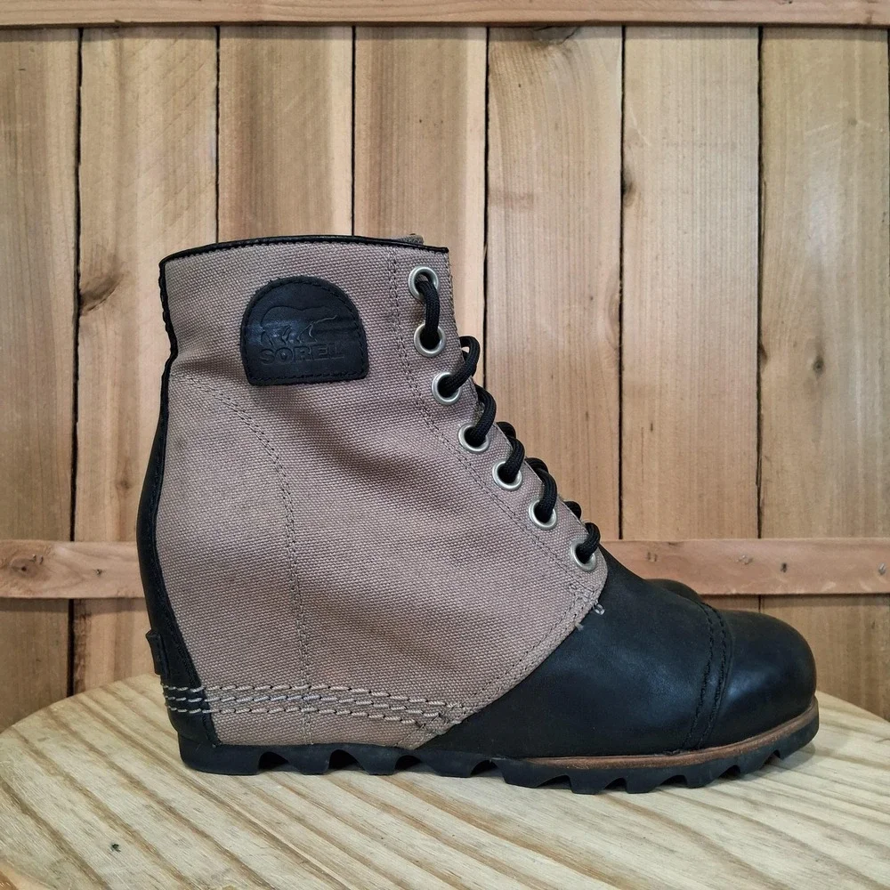 Sorel PDX Wedge Boots Womens 9 Beige Canvas Leather Lace Up‎ Ankle Booties